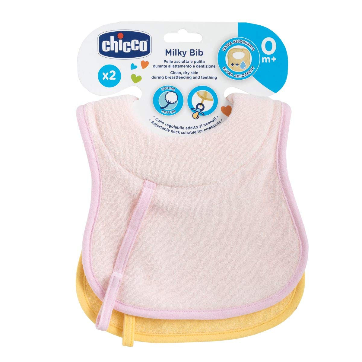 Chicco Baby Milky Bib 0M+ 2 Pcs Girl (pink/yellow)