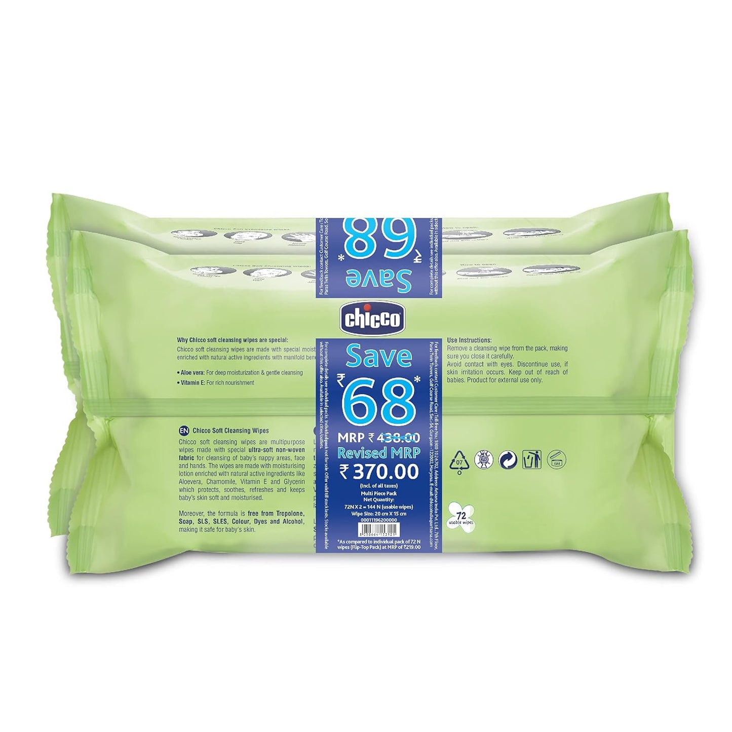 Chicco Baby Moments Wipes Pack of 2, 72 Sheets per Pack