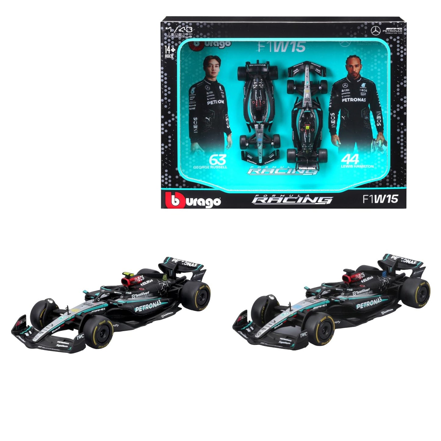 Bburago 2024 Mercedes-AMG F1 Racing Team W15 Set of 2 Cars