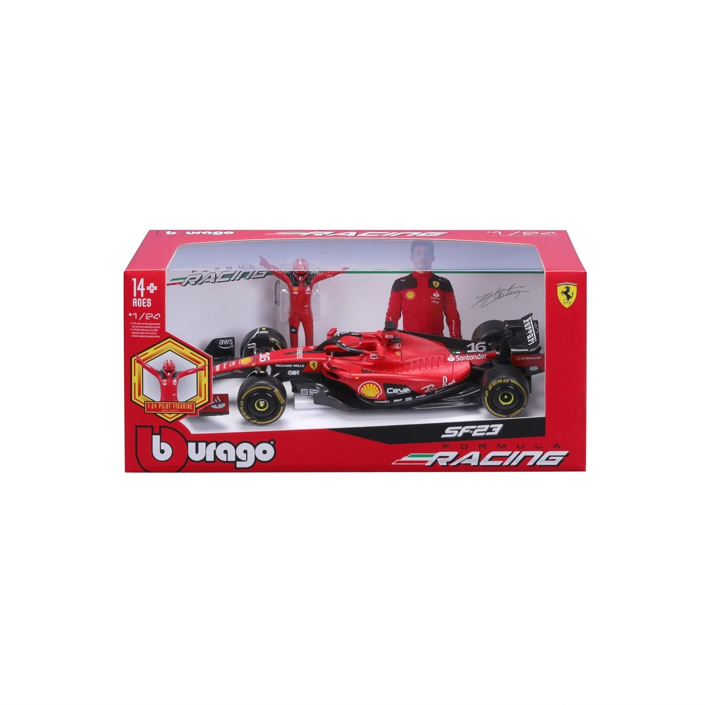 Bburago - 1/24 2023 Ferrari SF-23 Charles Leclerc Formula 1 Model with Pilot Figure