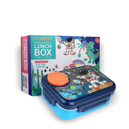 Probott Fun Time 750Ml Stainless Steel Lunch Box 2 Compartment With 1 Bowl & 1 Spoon 1 Fork Tiffin Box