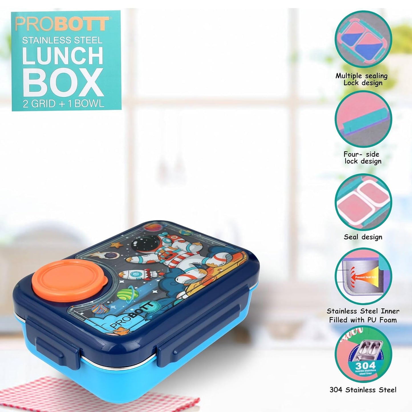 Probott Fun Time 750Ml Stainless Steel Lunch Box 2 Compartment With 1 Bowl & 1 Spoon 1 Fork Tiffin Box