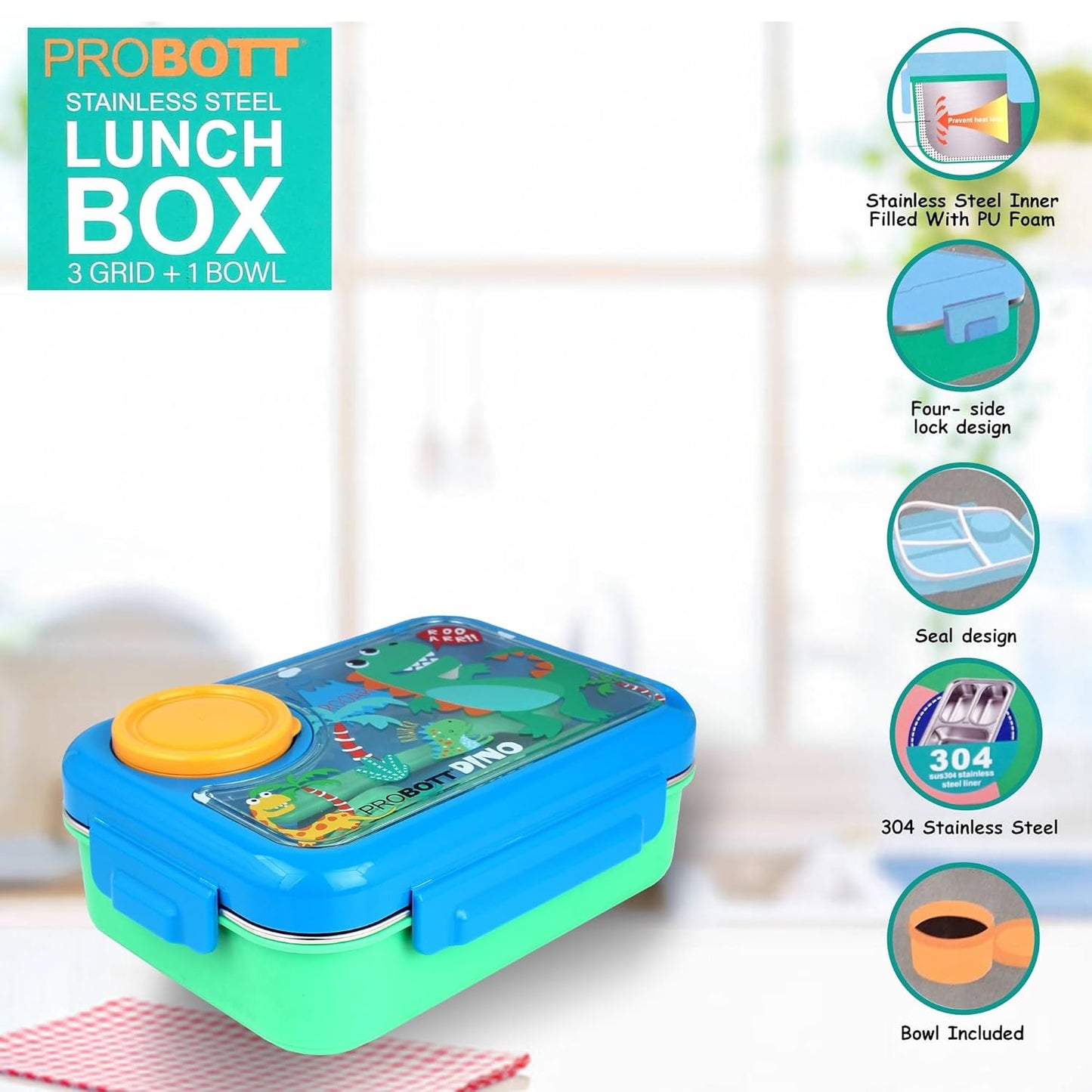 Probott Fun Time 750Ml Stainless Steel Lunch Box With 80Ml Bowl, Spoon &Amp; Fork