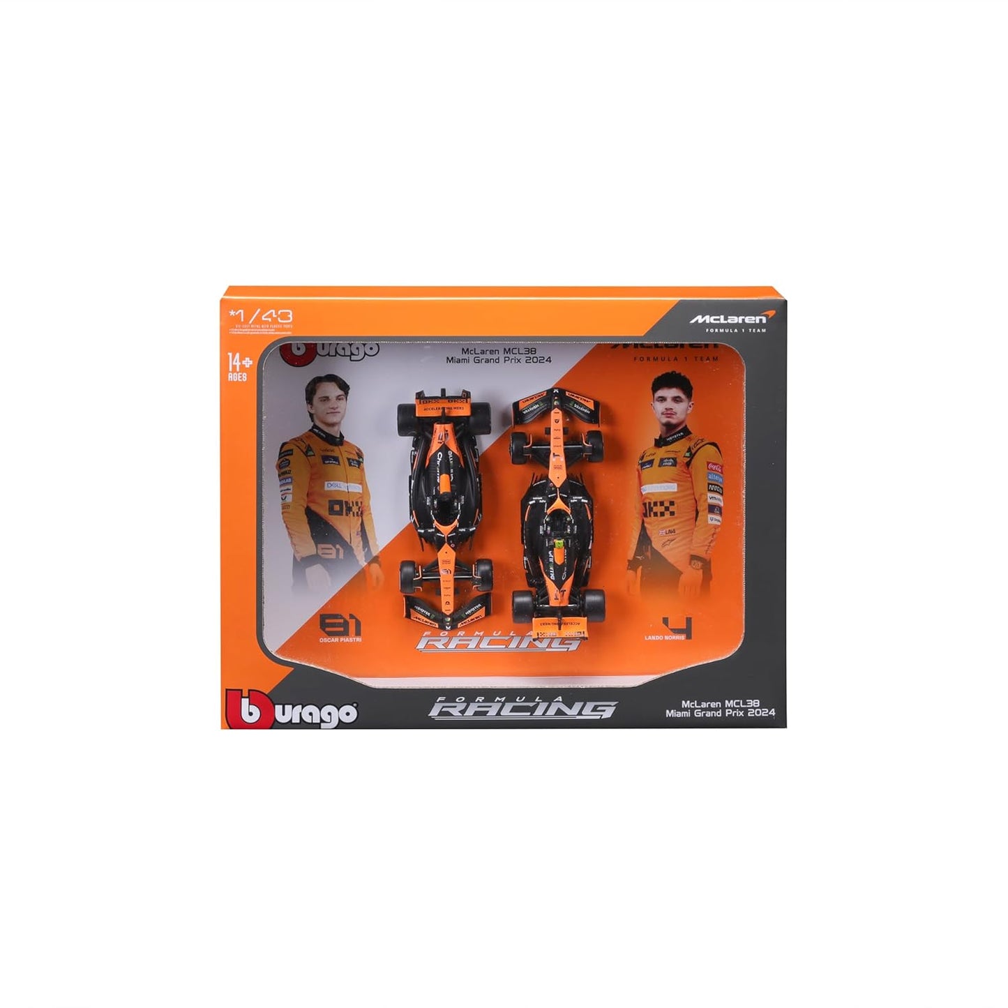 Bburago 2024 McLaren Miami Racing Team twin cars by Lando Norris and Oscar piastri 1/43