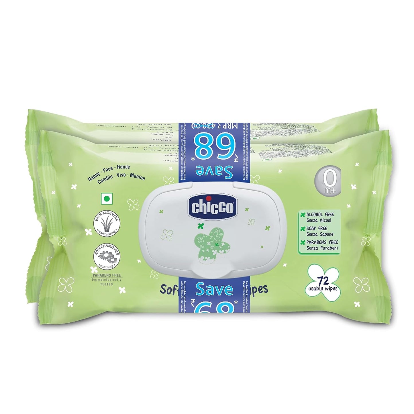 Chicco Baby Moments Wipes Pack of 2, 72 Sheets per Pack
