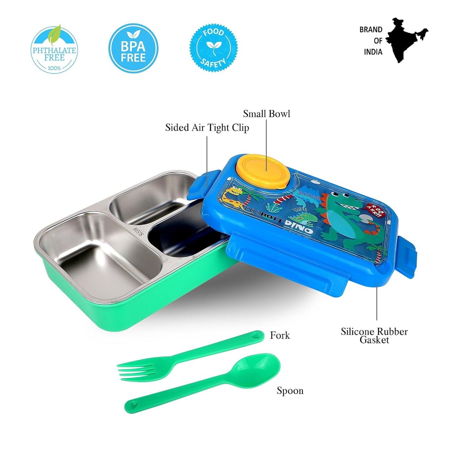 Probott Fun Time 750Ml Stainless Steel Lunch Box With 80Ml Bowl, Spoon &Amp; Fork