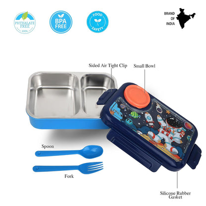 Probott Fun Time 750Ml Stainless Steel Lunch Box 2 Compartment With 1 Bowl & 1 Spoon 1 Fork Tiffin Box