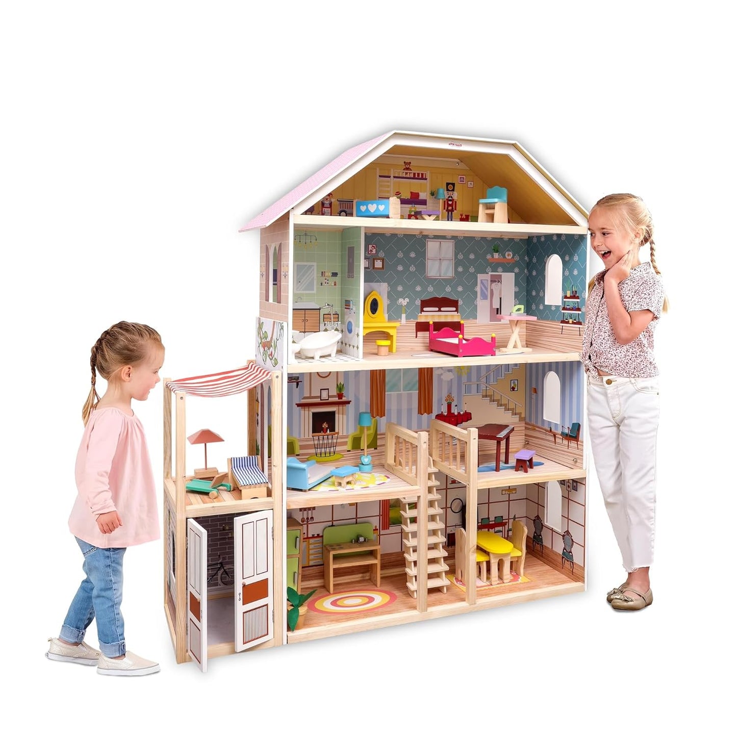 Open Ended Wooden Doll House - Grand Mansion 28 pcs furniture included