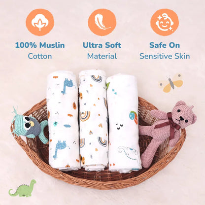 R for Rabbit Cuddlez 100% Muslin Baby Swaddle for Newborns (Pack of 3)